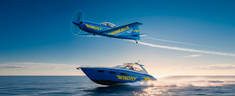 Ação de publicidade aérea e náutica sincronizada para marketing espetáculo.